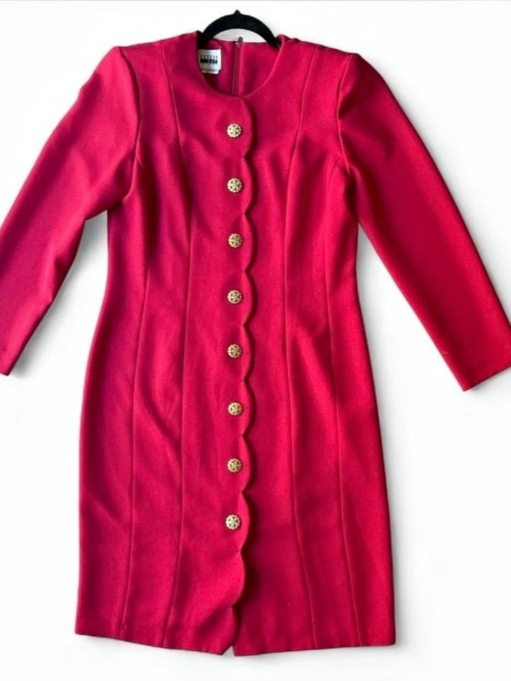 Vtg 80s Leslie Fay Red Scalloped Gold Button Midi Dress Sz 10